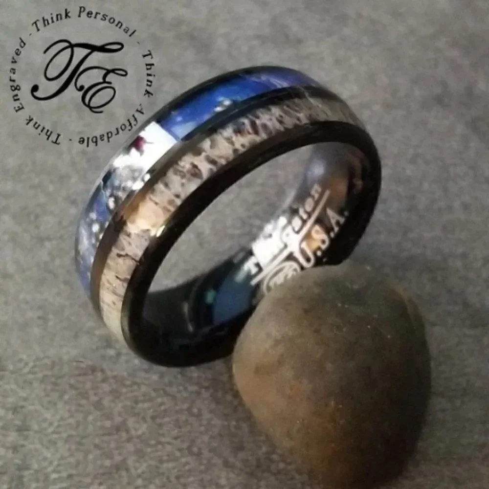 Men's Personalized Deer Antler and Tungsten Ring - Engraved Antler Ring For Men